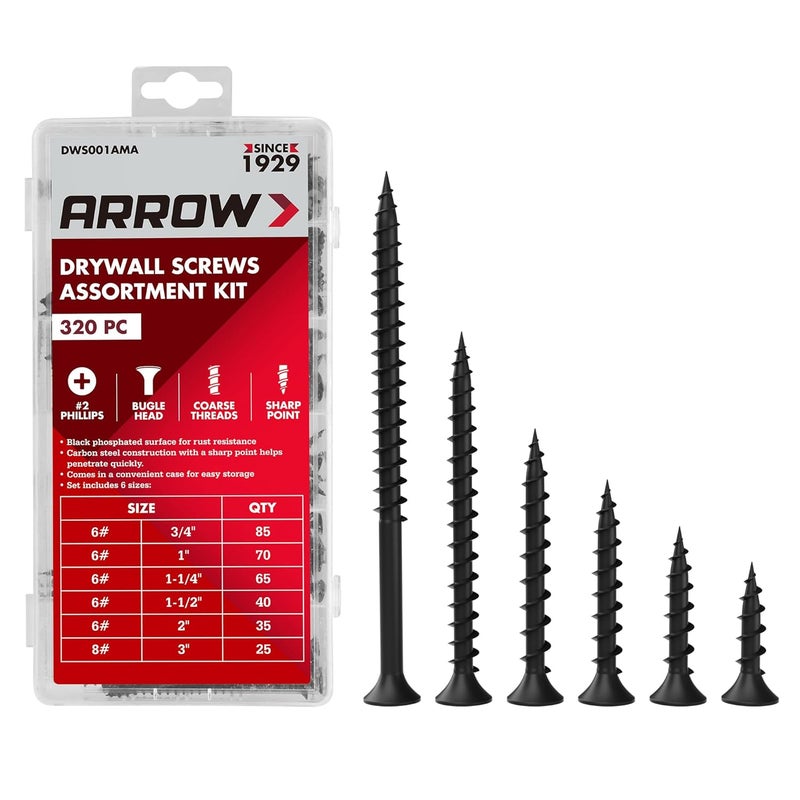 Arrow Fastener Arrow Drywall Screws Assortment Kit, 320pcs #6 & #8 Black Wood Screws, #2 Phillips Bugle Head, Coarse Thread Sharp Tips for Drywall, Wood, Soft Metal (6 Sizes: 3/4", 1",1-1/4", 1-1/2", 2", 3") - Image 1